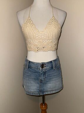 Cider Bohemian Cream Crochet Halter Top,Size-Small